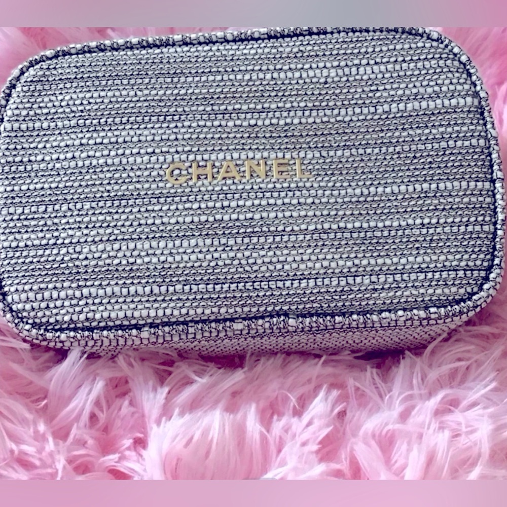 New Chanel Bag Black Silver Tweed Makeup Bag 100% Authentic